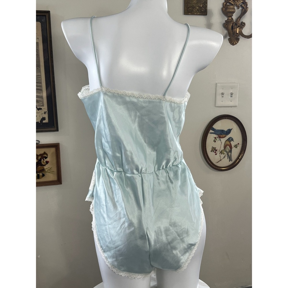 Sears Vintage Baby Blue Satin Lace Trim Romper Lingerie Womens Medium 128B - Picture 2 of 5